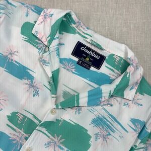 Chubbies Button Down Shirt Mens Small White Teal Pink Palm Tree Tropical Rayon